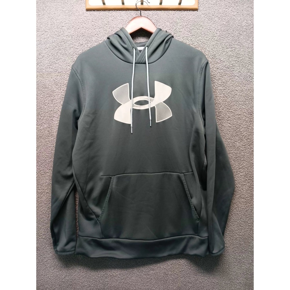 Under Armour Men's Large ColdGear Hoodie Gray/Green Fleece Pullover Kangaroo